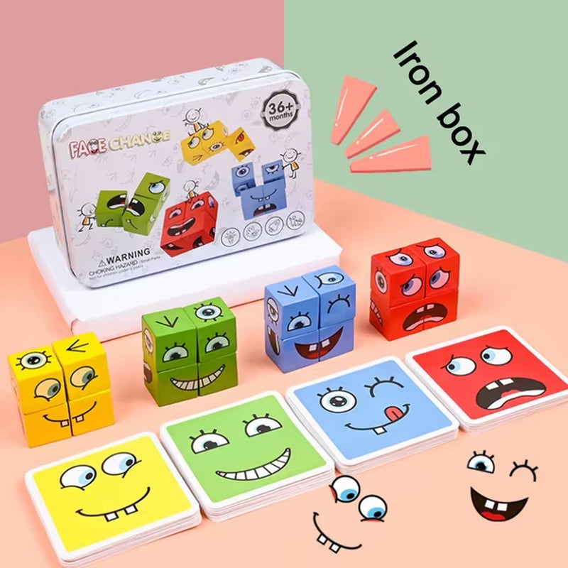 Cube Face Change Building Blocks Board Game Wood Puzzle Montessori Expression Wooden Blocks Blocos for Children Kids Toys Gift