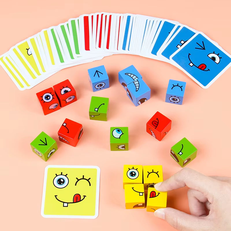 Cube Face Change Building Blocks Board Game Wood Puzzle Montessori Expression Wooden Blocks Blocos for Children Kids Toys Gift