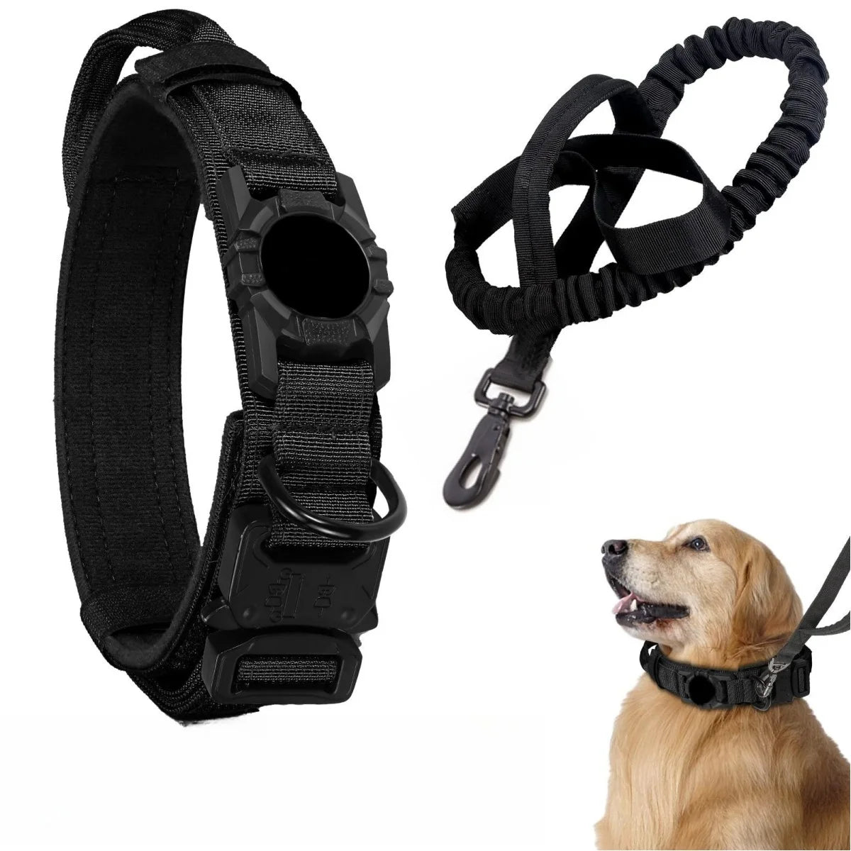 AirTag Tactical Dog Collar – Adjustable with Handle & Metal Buckle
