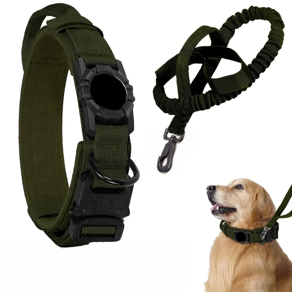 AirTag Tactical Dog Collar – Adjustable with Handle & Metal Buckle