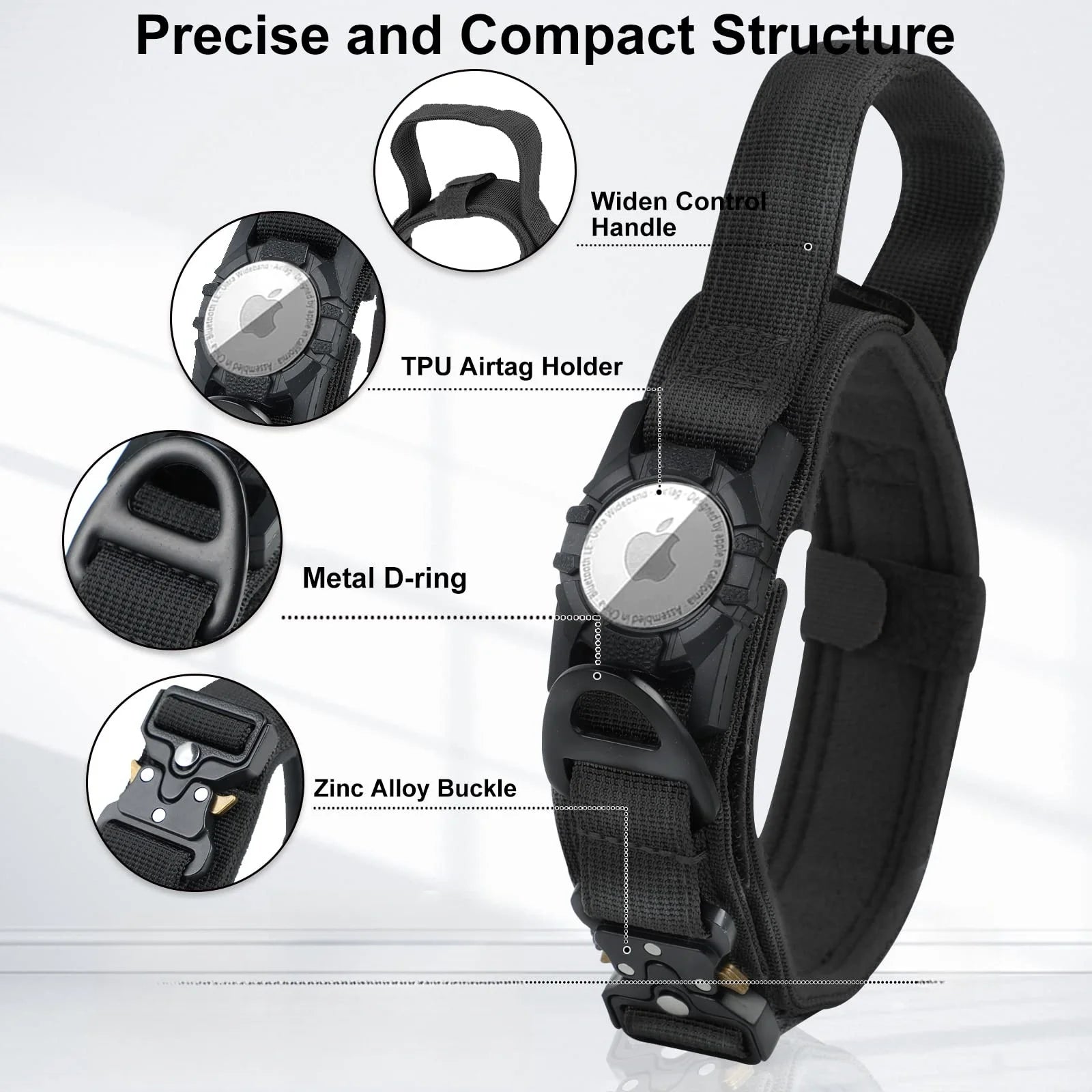 AirTag Tactical Dog Collar – Adjustable with Handle & Metal Buckle