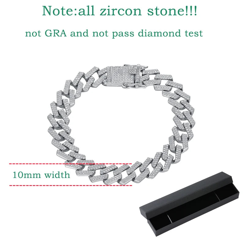  Zircon Cuban Bracelet  10mm– 18K Plated S925 Silver, Hip Hop Chain