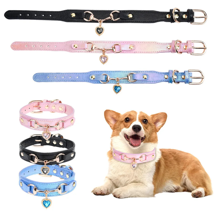 Shiny Rhinestone Dog Collar – Adjustable Leather Pet Necklace