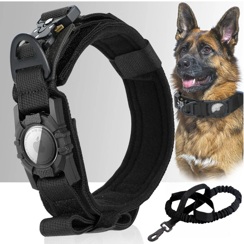 AirTag Tactical Dog Collar – Adjustable with Handle & Metal Buckle