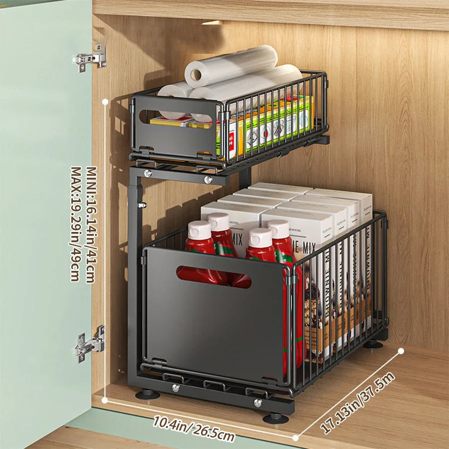 2-Tier Pull-Out Under-Sink Organizer – Adjustable Sliding Shelf for Kitchen & Bathroom