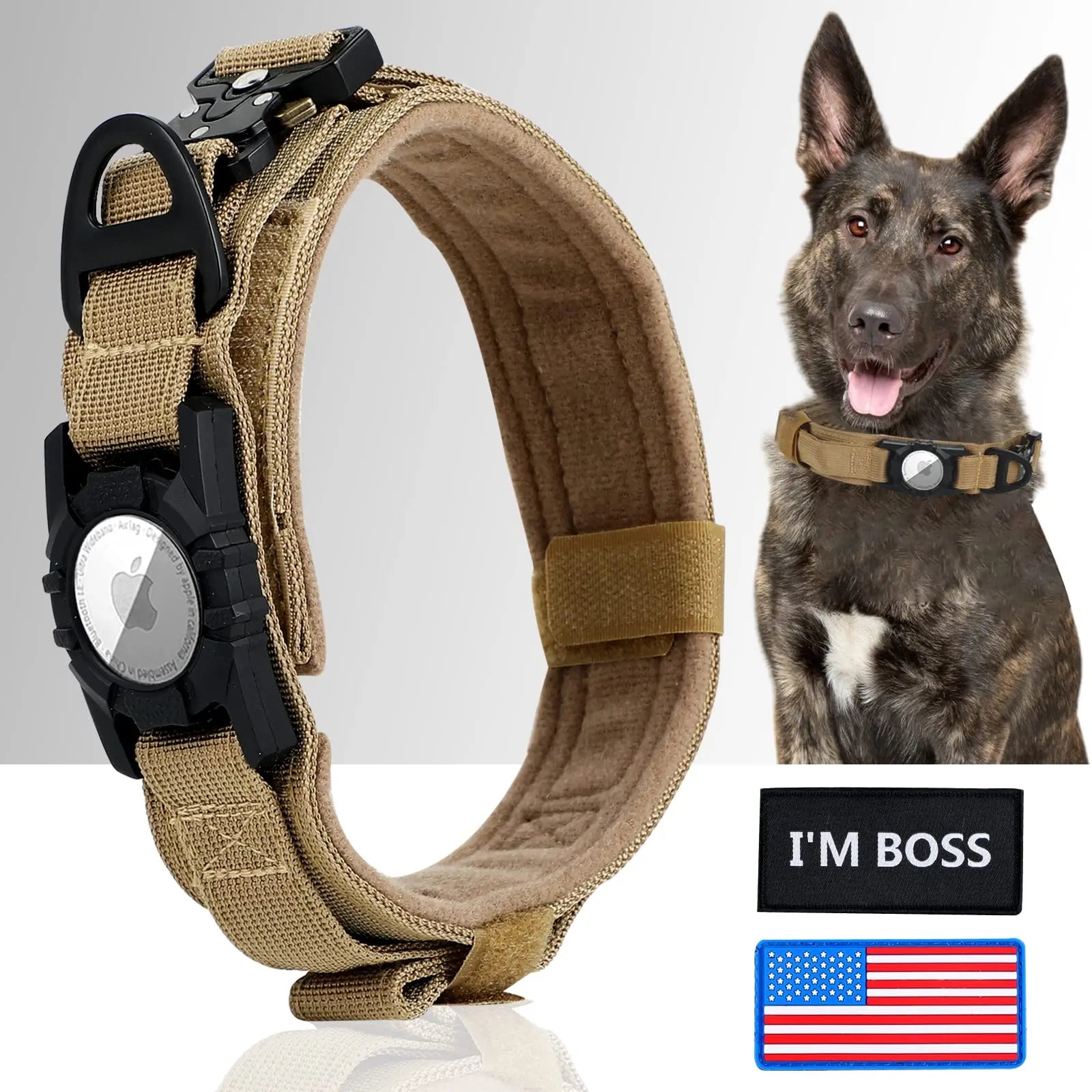 AirTag Tactical Dog Collar – Adjustable with Handle & Metal Buckle