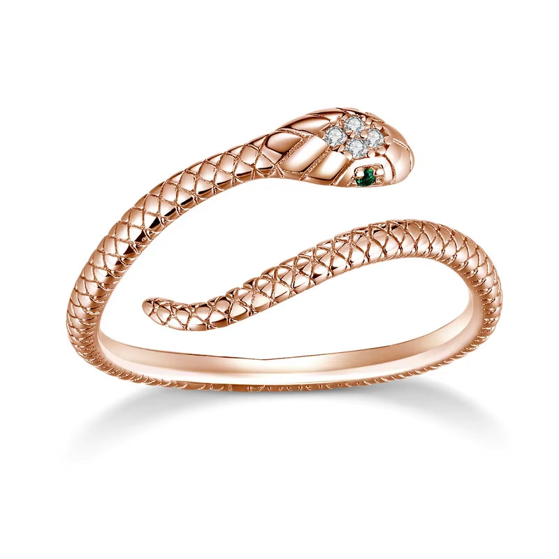 925 Sterling Silver Snake Ring – Adjustable 18K Gold with Green Zircon, Retro Stackable